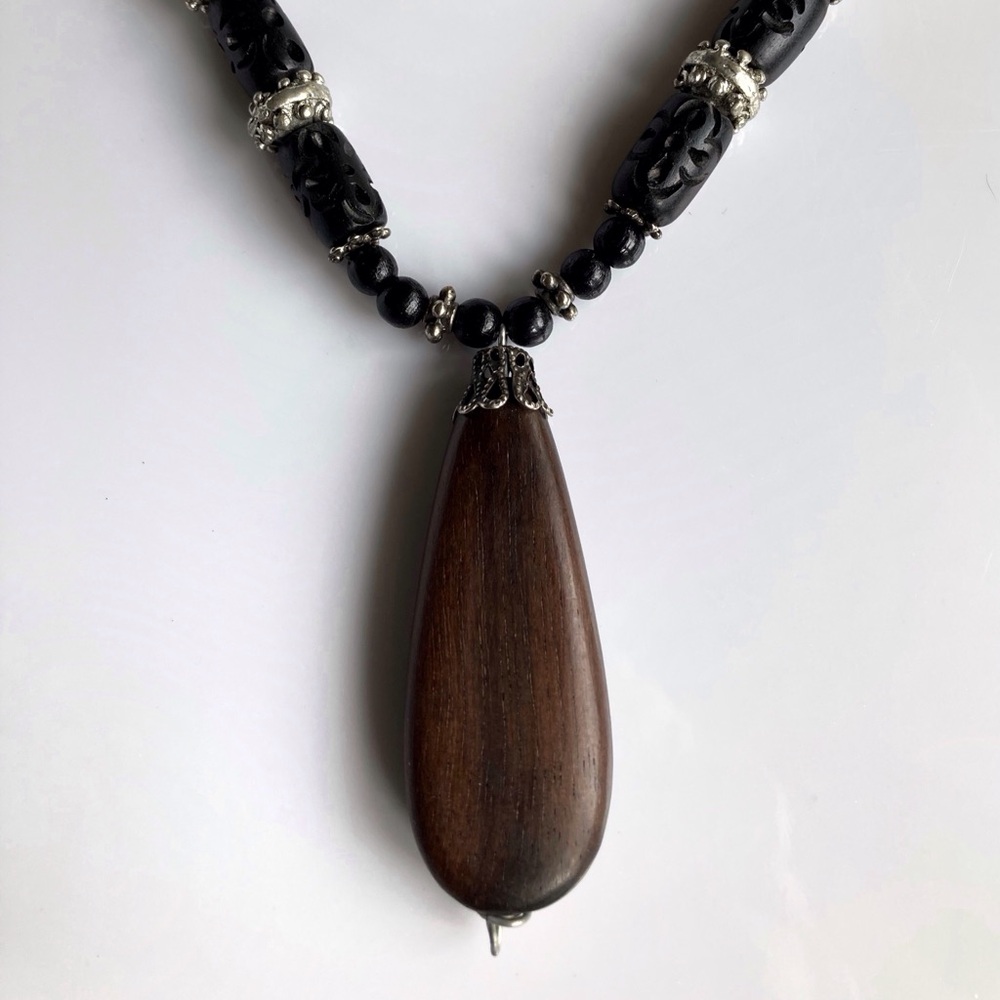 Black & Silver Tone Beads With Wood Teardrop Pendant Necklace - Picture 5 of 5